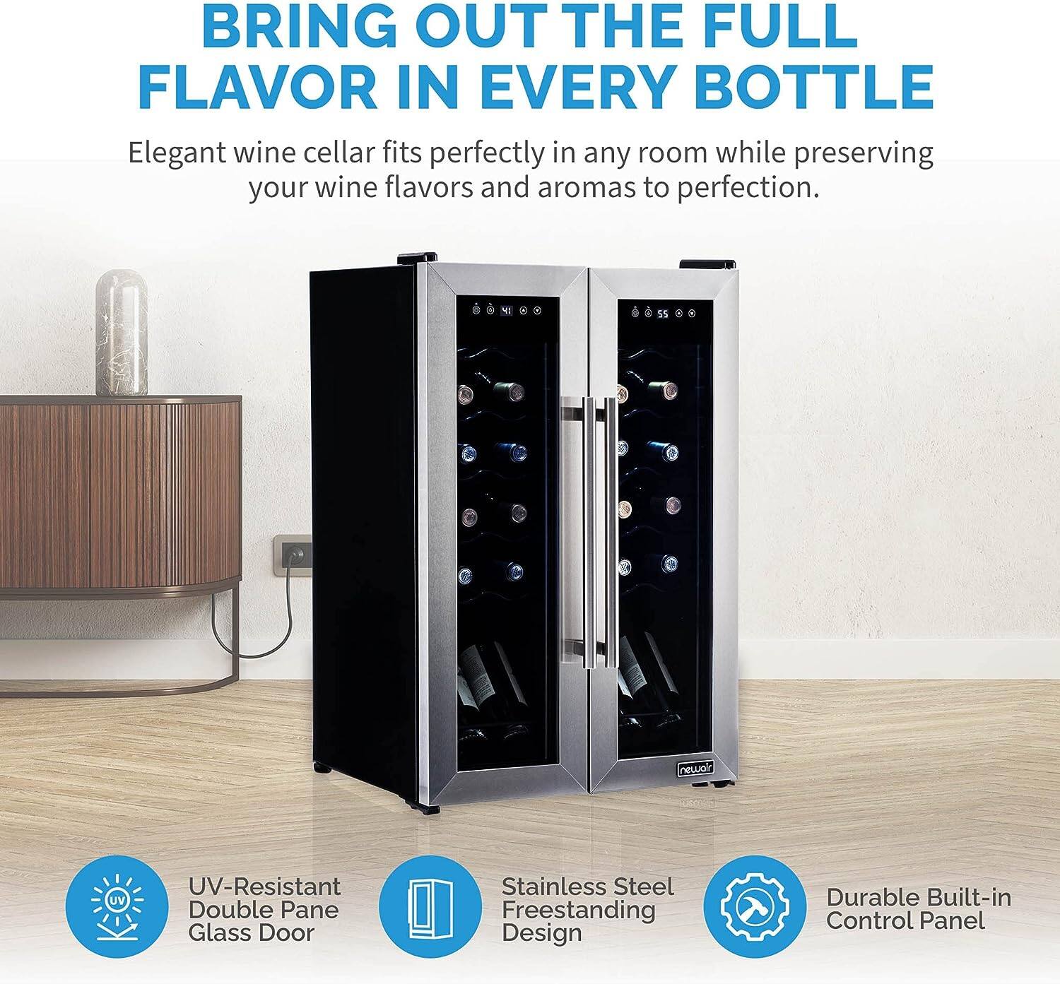 The image features a wine cellar with two doors, each containing multiple wine bottles. The wine cellar is designed to preserve the flavors and aromas of the wine, ensuring that it remains at its best. The double pane glass door and stainless steel construction add to the elegance of the wine cellar, making it a stylish addition to any room. The built-in control panel ensures that the temperature and humidity inside the cellar are maintained at optimal levels for wine storage.