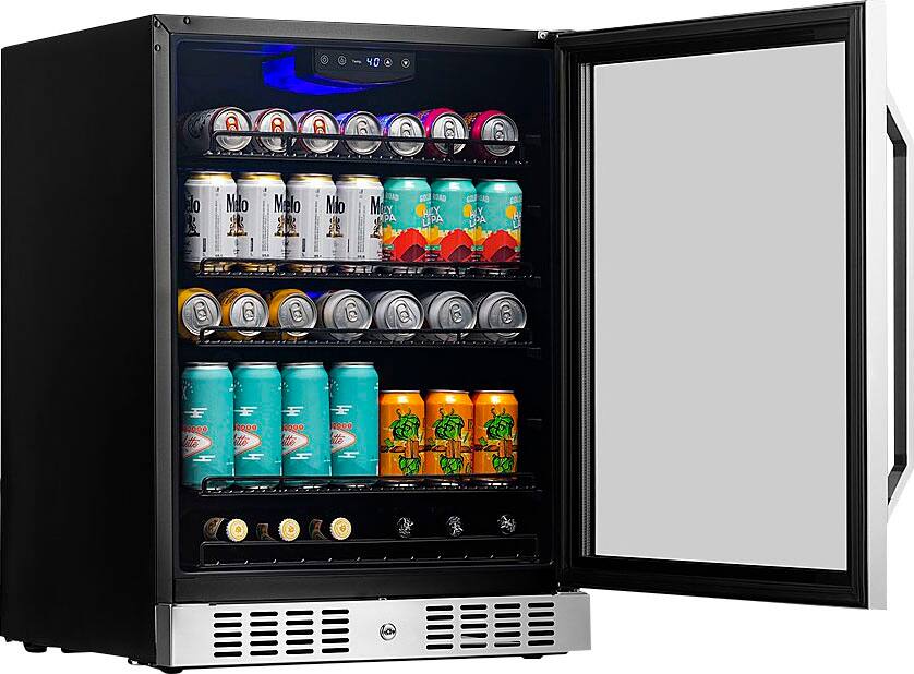 The image features a refrigerator with its door open, revealing a variety of drinks inside. There are numerous cans of soda, including a mix of both alcoholic and non-alcoholic beverages. The refrigerator is filled with a diverse assortment of drinks, making it an attractive option for those looking to quench their thirst.