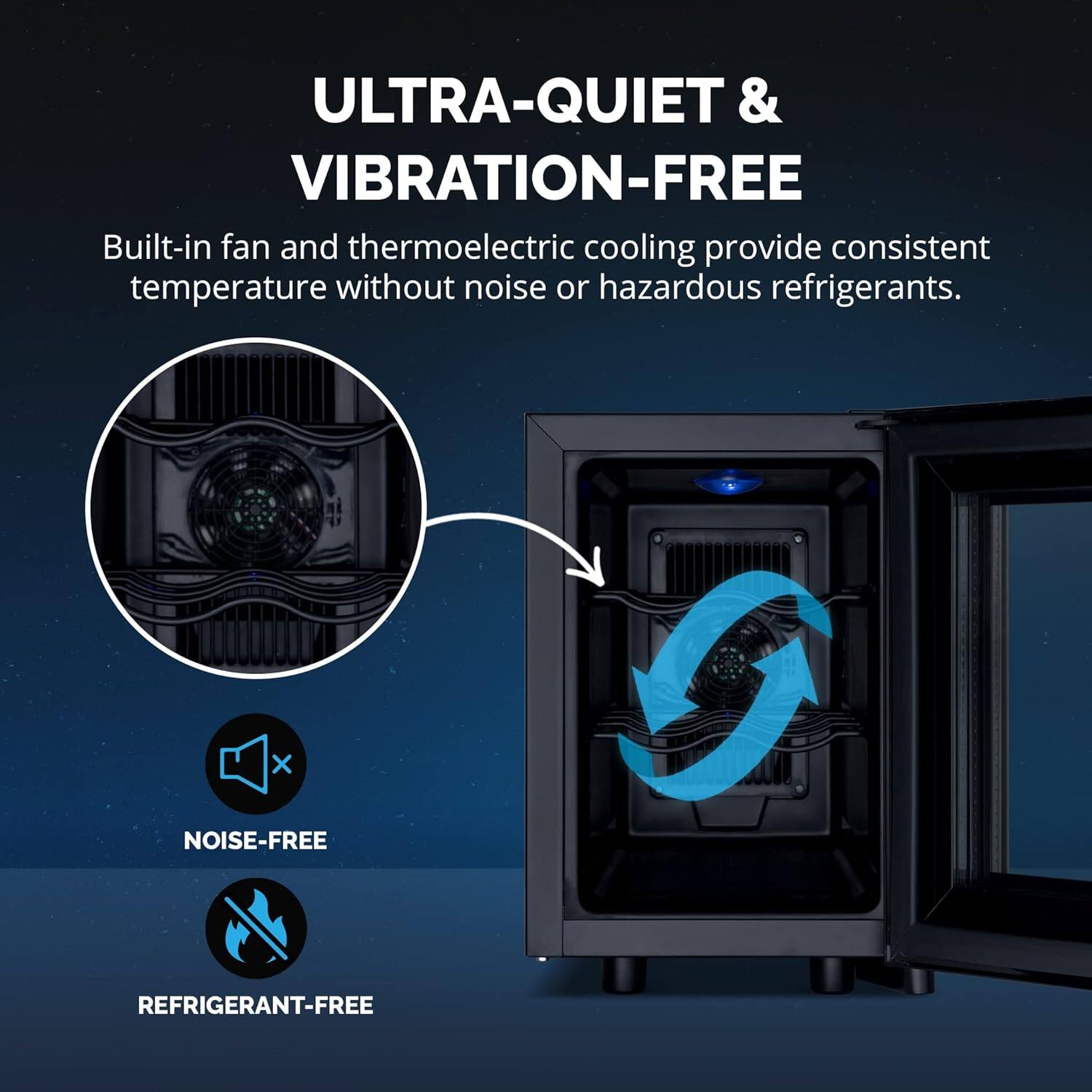 The image features a black refrigerator with a blue arrow pointing towards the door. The refrigerator is described as being ultra-quiet and vibration-free, thanks to its built-in fan and thermoelectric cooling system. This technology provides consistent temperature without producing noise or using hazardous refrigerants. The refrigerator is also advertised as being noise-free and refrigerant-free, making it an eco-friendly and energy-efficient appliance.
