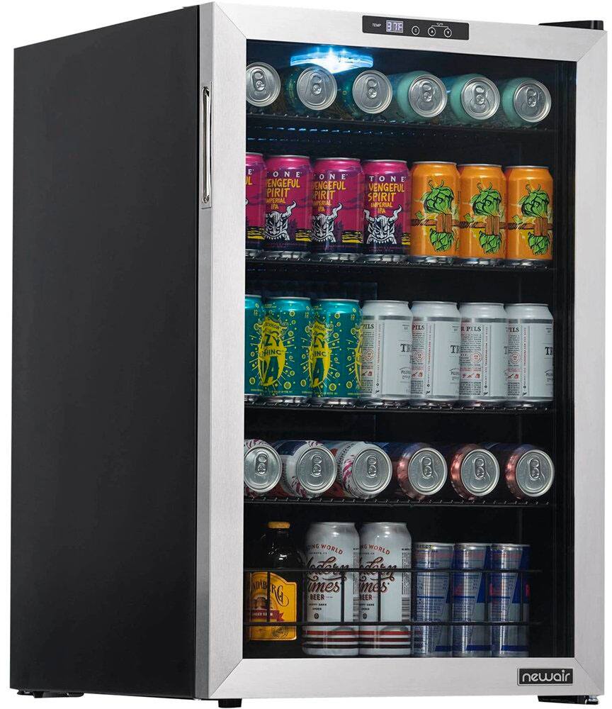 The image features a refrigerator filled with a variety of beer cans and bottles. There are at least 13 different types of beer visible in the refrigerator, with some cans and bottles placed in the upper and lower sections of the fridge. The refrigerator is likely used for storing and displaying a wide selection of beer options for customers to choose from.