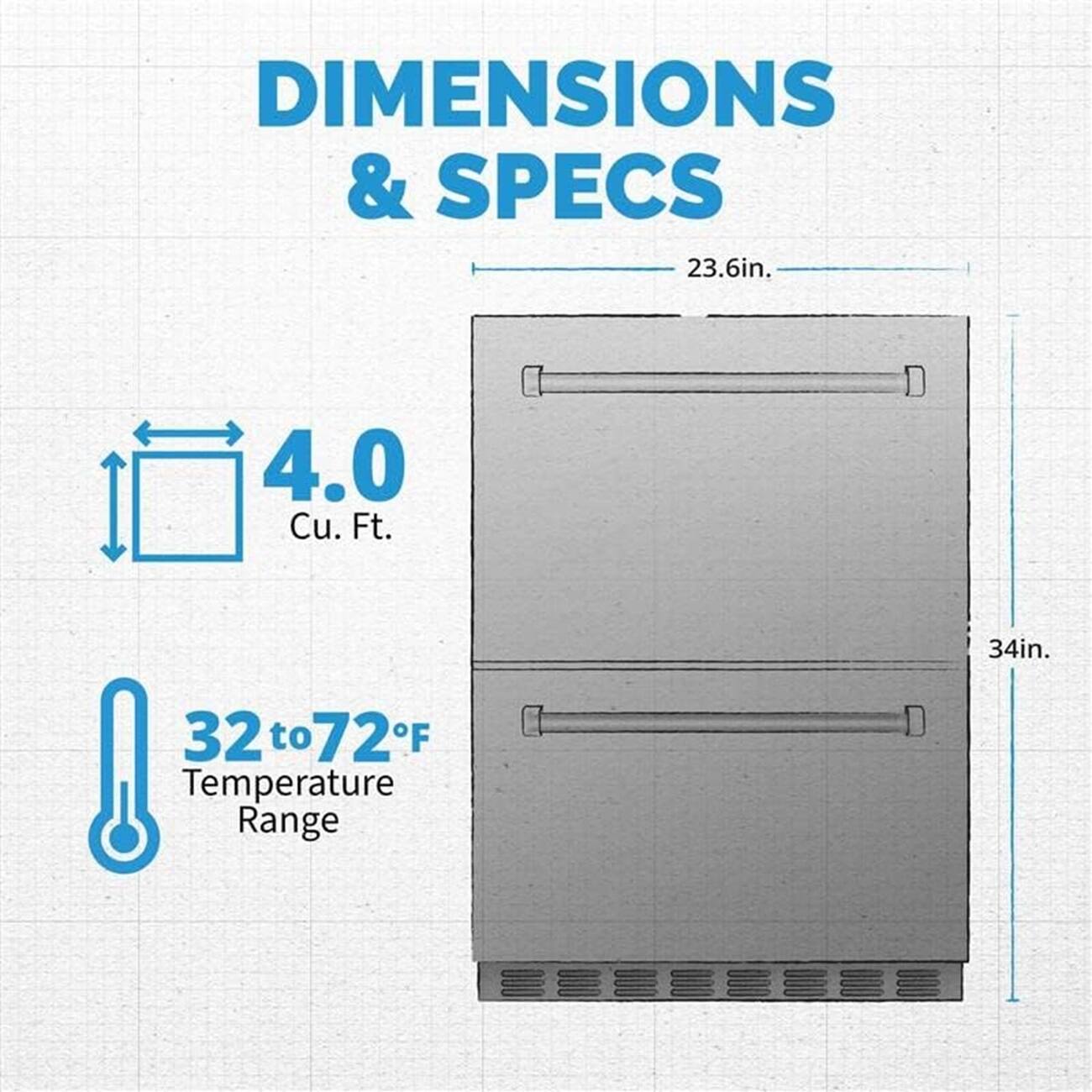 The image features a refrigerator with dimensions and specifications listed next to it. The refrigerator is 23.6 inches wide and has a 4.0 cubic foot capacity. The temperature range for the refrigerator is 32 to 72 degrees Fahrenheit.