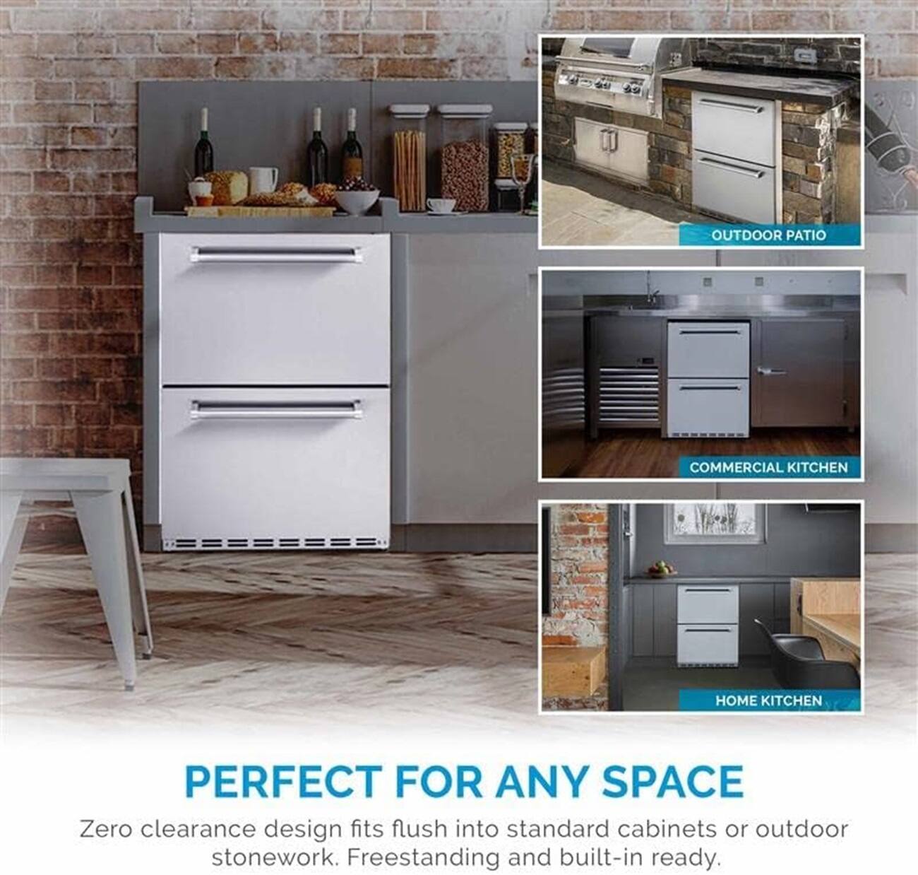 The image showcases a kitchen with a variety of appliances and features, including a refrigerator, oven, and sink. The kitchen is designed to be perfect for any space, with a zero clearance design that fits flush into standard cabinets or outdoor stonework. The appliances are freestanding and built-in ready, making them suitable for both indoor and outdoor settings. The kitchen also includes a dining table and chairs, adding to its functionality and versatility.