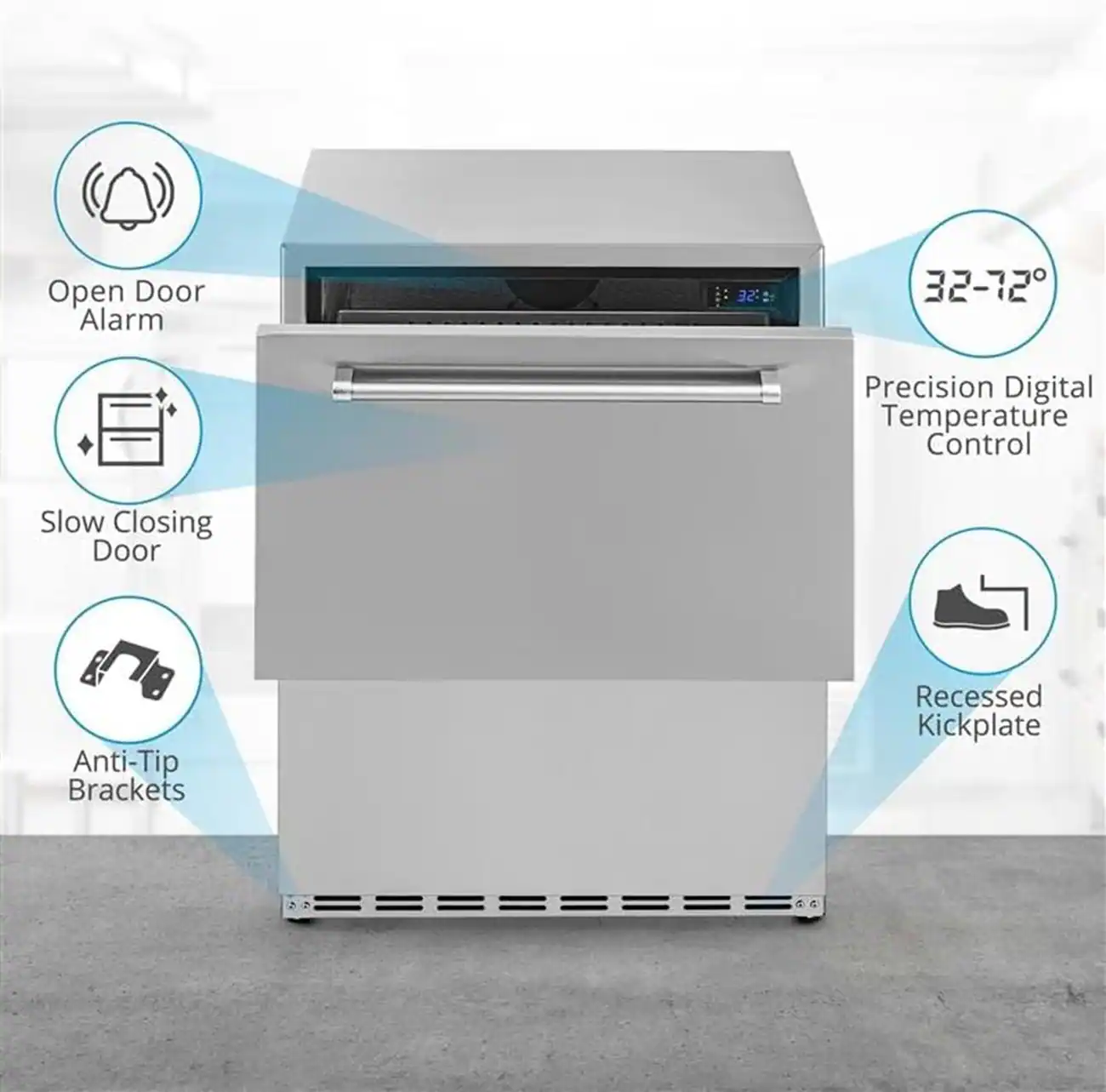 The image features a large white appliance with a digital display, which is a precision digital temperature control appliance. It has a slow closing door and anti-tip brackets for safety. The appliance also has a recessed kickplate for added protection. The image highlights these features with labels and arrows pointing to the relevant parts of the appliance.