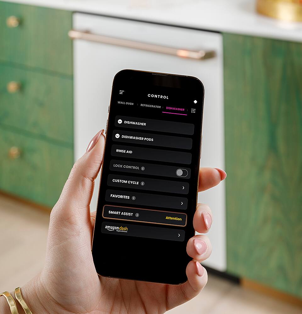 In CONTROL WALL OVEN T REFRIGERATOR DISHWASHER DISHWASHER DISHWASHER PODS RINSE AID LOCK CONTROL CUSTOM CYCLE { FAVORITES I > SMART ASSIST I Attention amazon dash