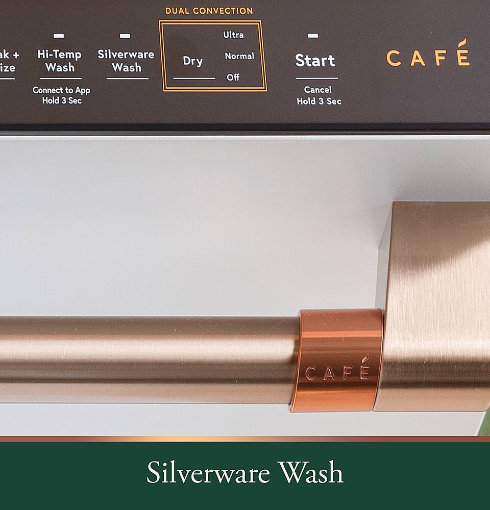 The image features a silverware wash with a dual convection system that connects to an app. The wash has a "Hold 3 Sec" button, which allows for a quick and efficient washing process. The wash also has a "Dry" option, which dries the silverware quickly and effectively. The wash is designed to handle various types of silverware, making it a versatile and convenient appliance for any household.
