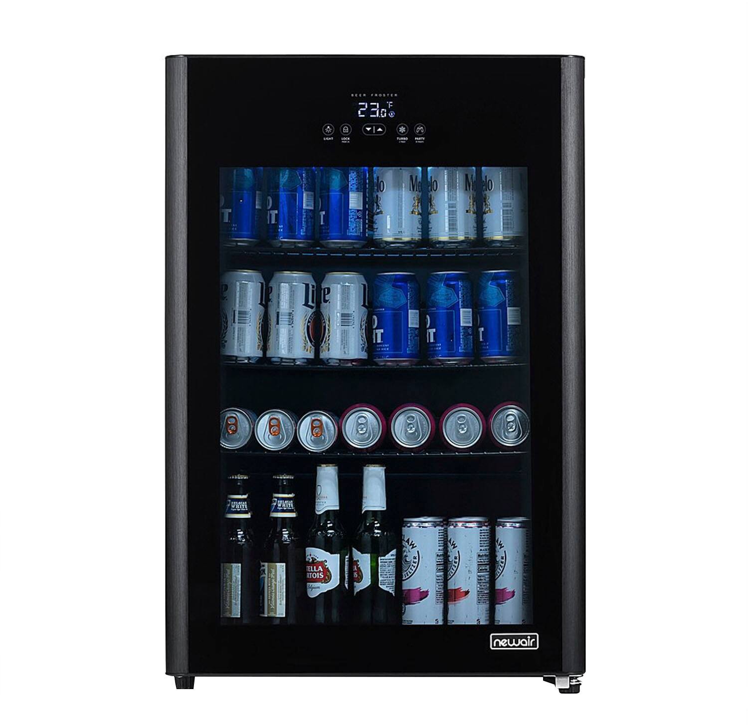 The image features a refrigerator with a mini-fridge section that is fully stocked with various drinks. The mini-fridge contains a total of 12 cans of soda, including 6 cans of beer and 6 cans of soda. The refrigerator is black and has a digital display that shows the current time and temperature. The drinks are neatly organized and easily accessible, making it a convenient and well-stocked mini-fridge.