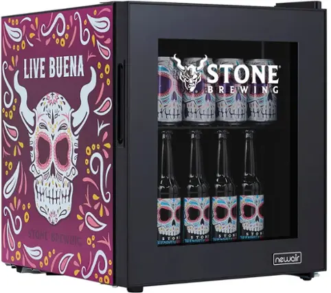 The image features a refrigerator with a vibrant purple and pink design, showcasing cans of beer from Stone Brewing. The refrigerator is filled with a variety of beer cans, which are displayed in a visually appealing manner. The cans are arranged in a way that highlights the different types of beer available, making it an attractive and functional addition to any setting.