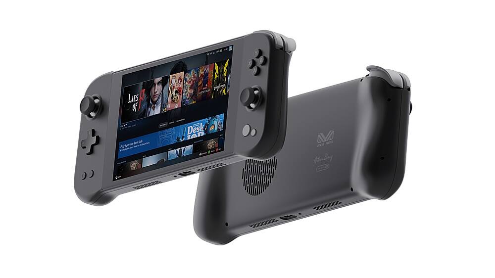 A Nintendo Wii game controller is shown with a Nintendo DS screen. The controller has a strap and a button on the front. The controller is black and white in color.