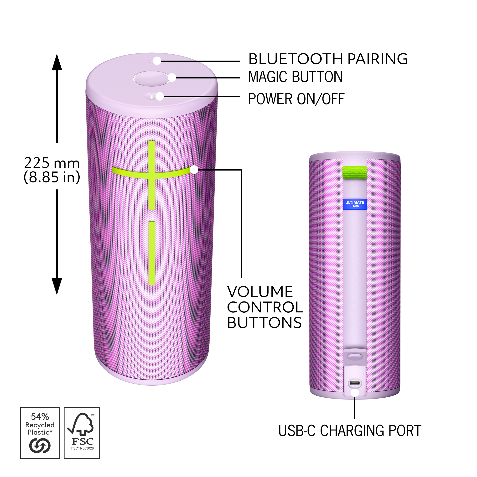 The image features a pink object with a diagram and labels. The labels include "BLUETOOTH PAIRING," "MAGIC BUTTON," "POWER ON/OFF," "225 mm (8.85 in)," "VOLUME CONTROL BUTTONS," "54% Recycled Plastic," and "USB-C CHARGING PORT." The diagram and labels provide information about the object's features and functions.