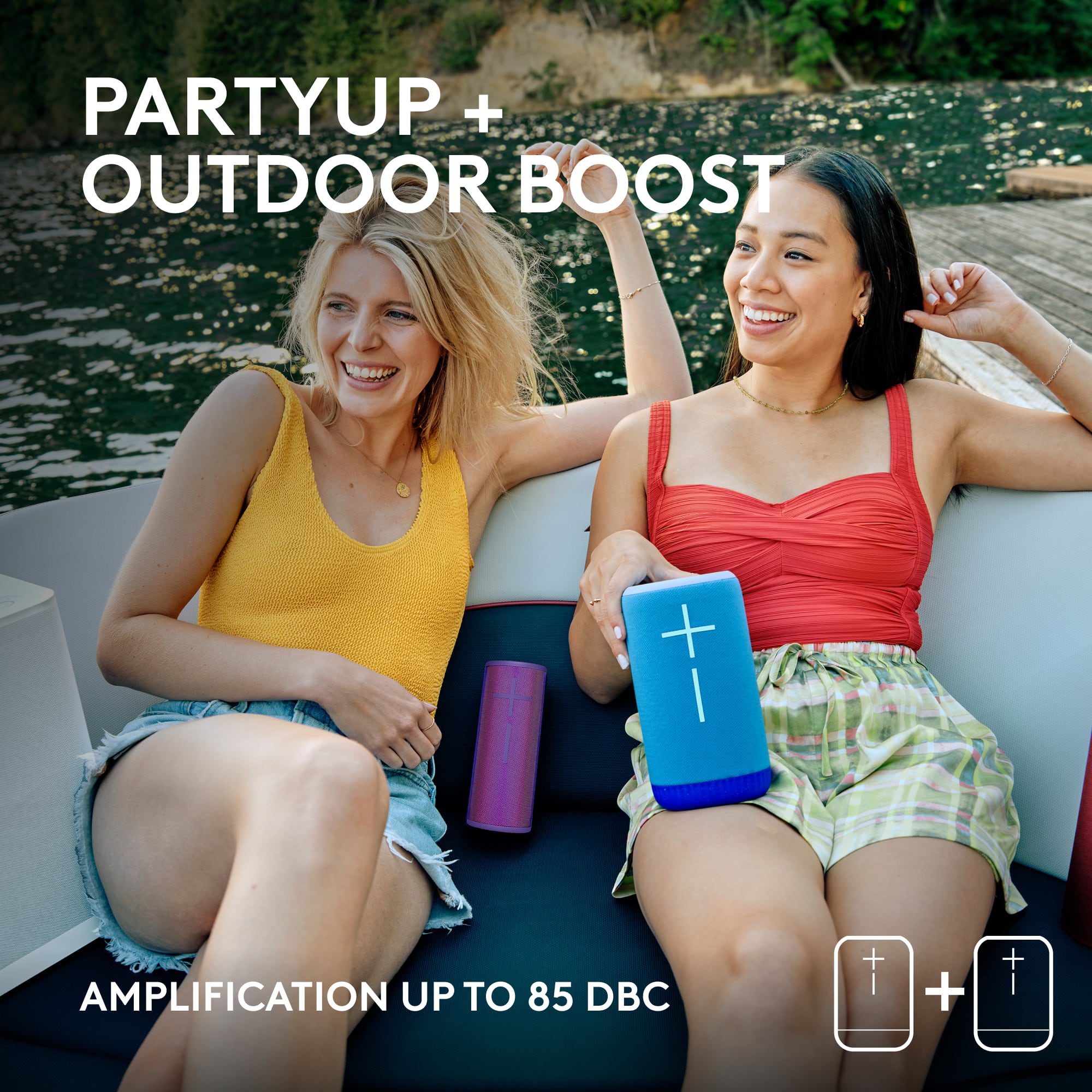 PARTYUP + OUTDOOR BOOST + AMPLIFICATION UP TO 85 DBC