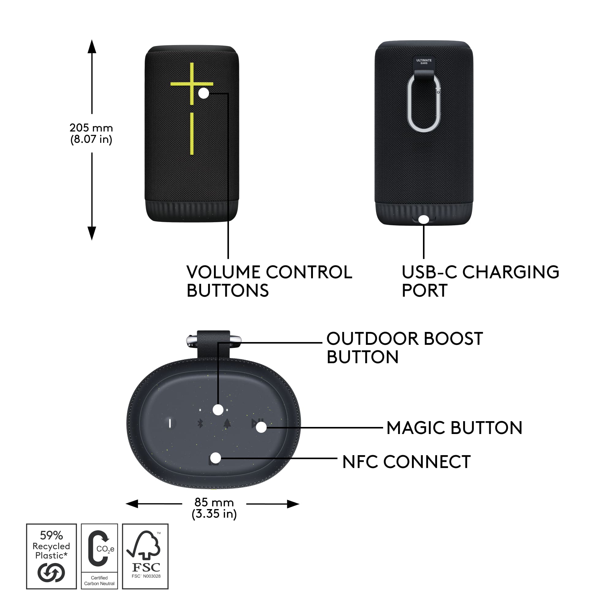 The image shows a diagram of a device with various buttons and features. The device has a volume control, a USB-C charging port, an outdoor boost button, a magic button, and NFC connect capabilities. The device is made of 59% recycled C Plastic and is certified by the Forest Stewardship Council (FSC). The device measures 85 mm (3.35 in) in length.