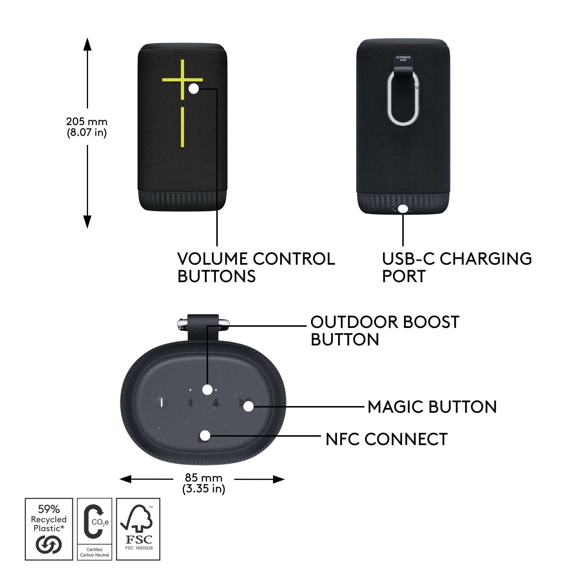 The image shows a diagram of a device with various buttons and features. The device has a volume control, a USB-C charging port, an outdoor boost button, a magic button, and NFC connect capabilities. The device is made of 59% recycled C Plastic and is certified by the Forest Stewardship Council (FSC). The device measures 85 mm (3.35 in) in length.