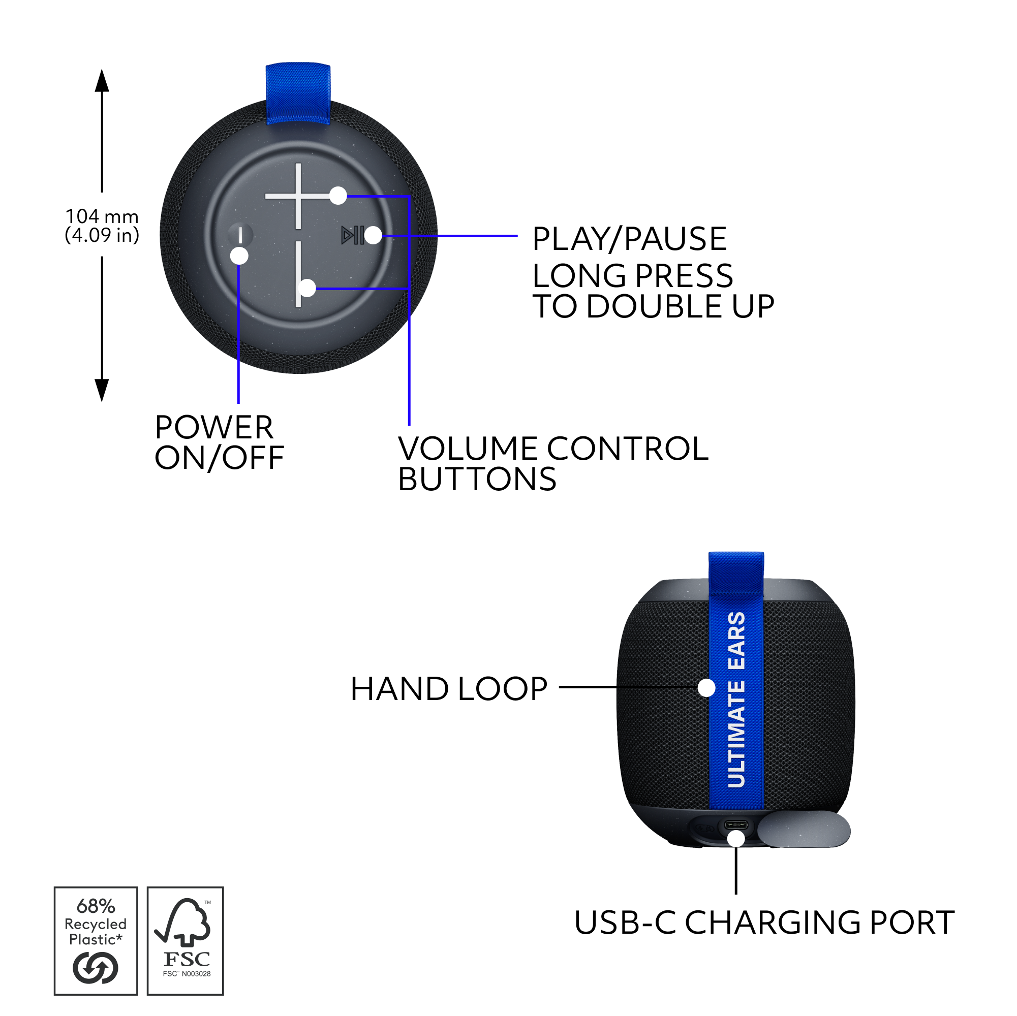 The image shows a diagram of a device with a USB-C charging port. The device has a hand loop and earphones, and it also features a power on/off button, a play/pause button, and a volume control button. The device is made of 68% recycled plastic, and it is marked with the FSC logo.