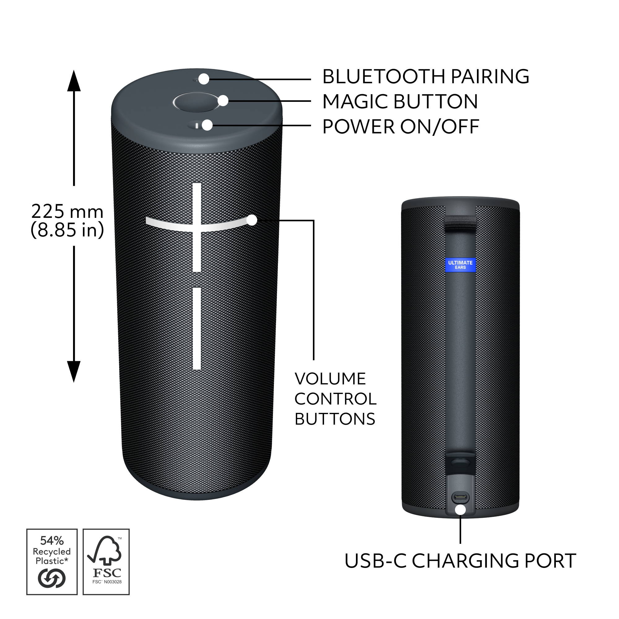 The image shows a speaker with a USB-C charging port and a Bluetooth pairing magic button. The speaker also has a volume control and buttons for power on/off. The speaker is made of 54% recycled plastic and is 225 mm (8.85 in) in size.