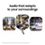 The text on the image is grouped as follows:

"Audio that adapts to your surroundings" is the main phrase.
"Requires initial setup via Samsung Wear app on compatible device" is a secondary phrase that provides additional information about the requirement of the audio feature.