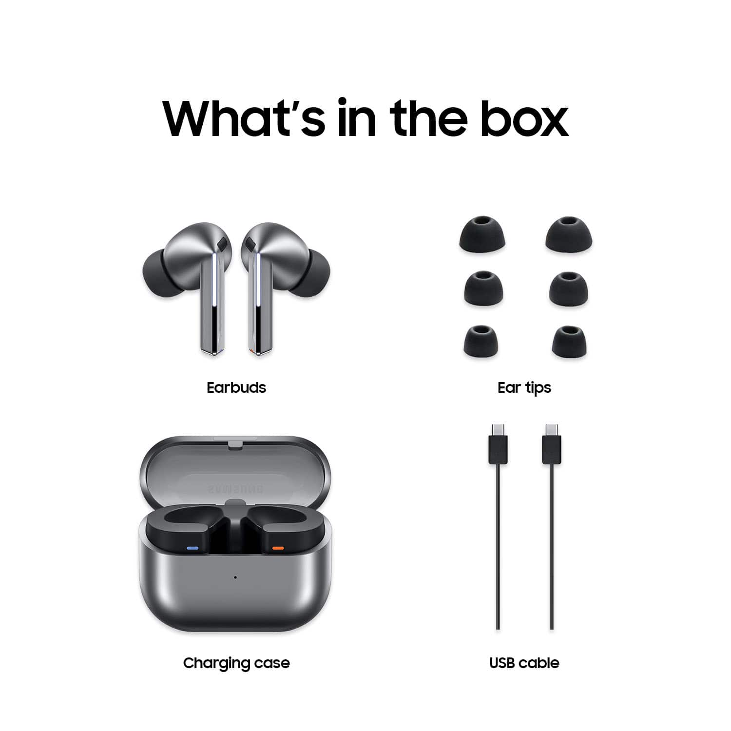 What's in the box: Earbuds, Ear tips, Charging case, USB cable.