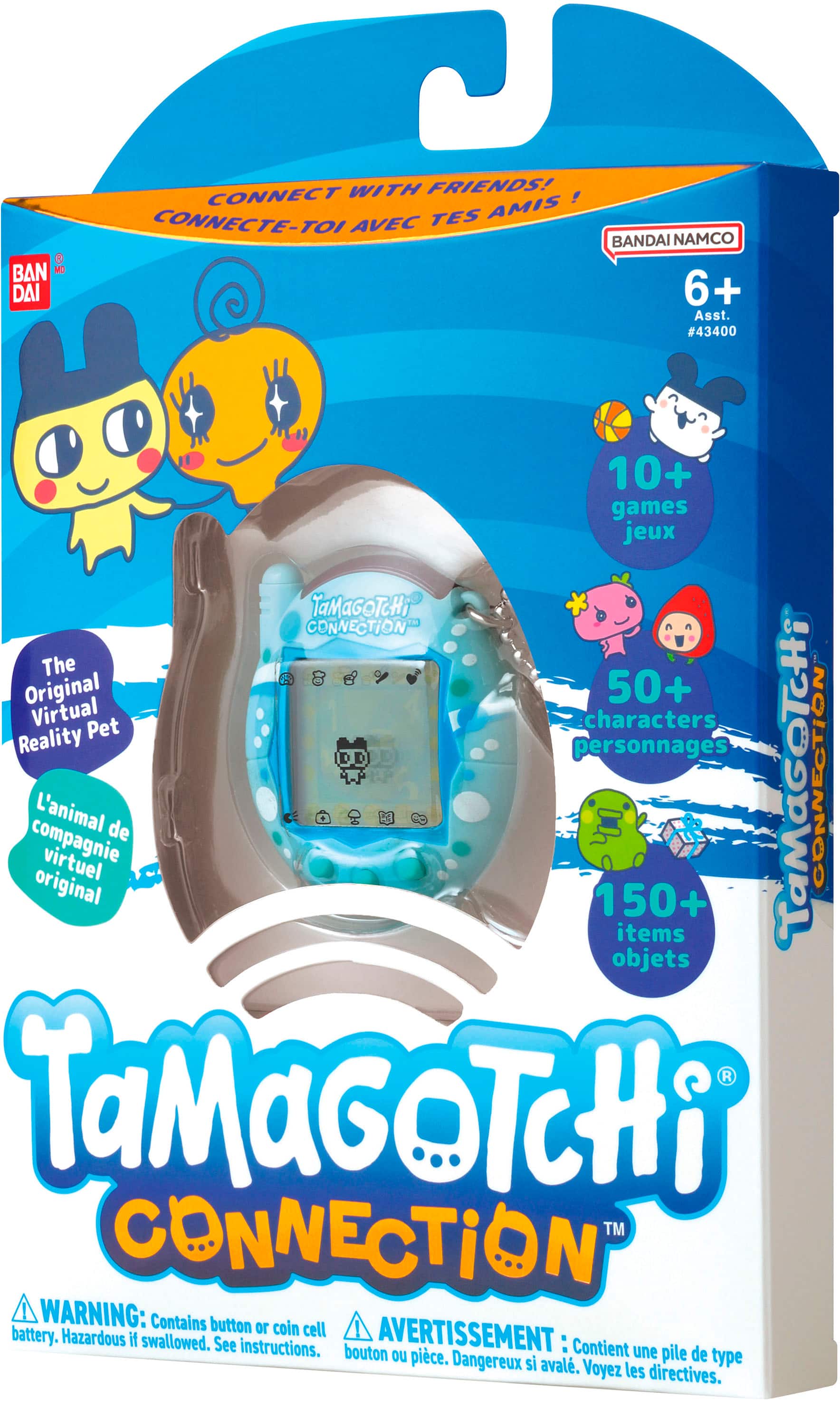 The text on the image is grouped as follows:
1. "BAN DAI CONNECT WITH FRIENDS!": This is a slogan for the Tamagochi Connection product.
2. "TAMAGOTCHI CONNECTION": This is the name of the product.
3. "The Original": This is a description of the product, indicating that it is the original Tamagochi.
4. "50+ Virtual Pet characters": This is a feature of the product, indicating that it includes 50+ virtual pet characters.
5. "10+ games": This is a feature of the product, indicating that it includes 10+ games.
6. "150+ items": This is a feature of the product, indicating that it includes 150+ items.
7. "WARNING: Contains button or coin battery. Hazardous if swallowed. See instructions.": This is a warning label for the product, indicating that it contains a button or coin battery and that it can be hazardous if swallowed. It advises the user to read the instructions carefully.