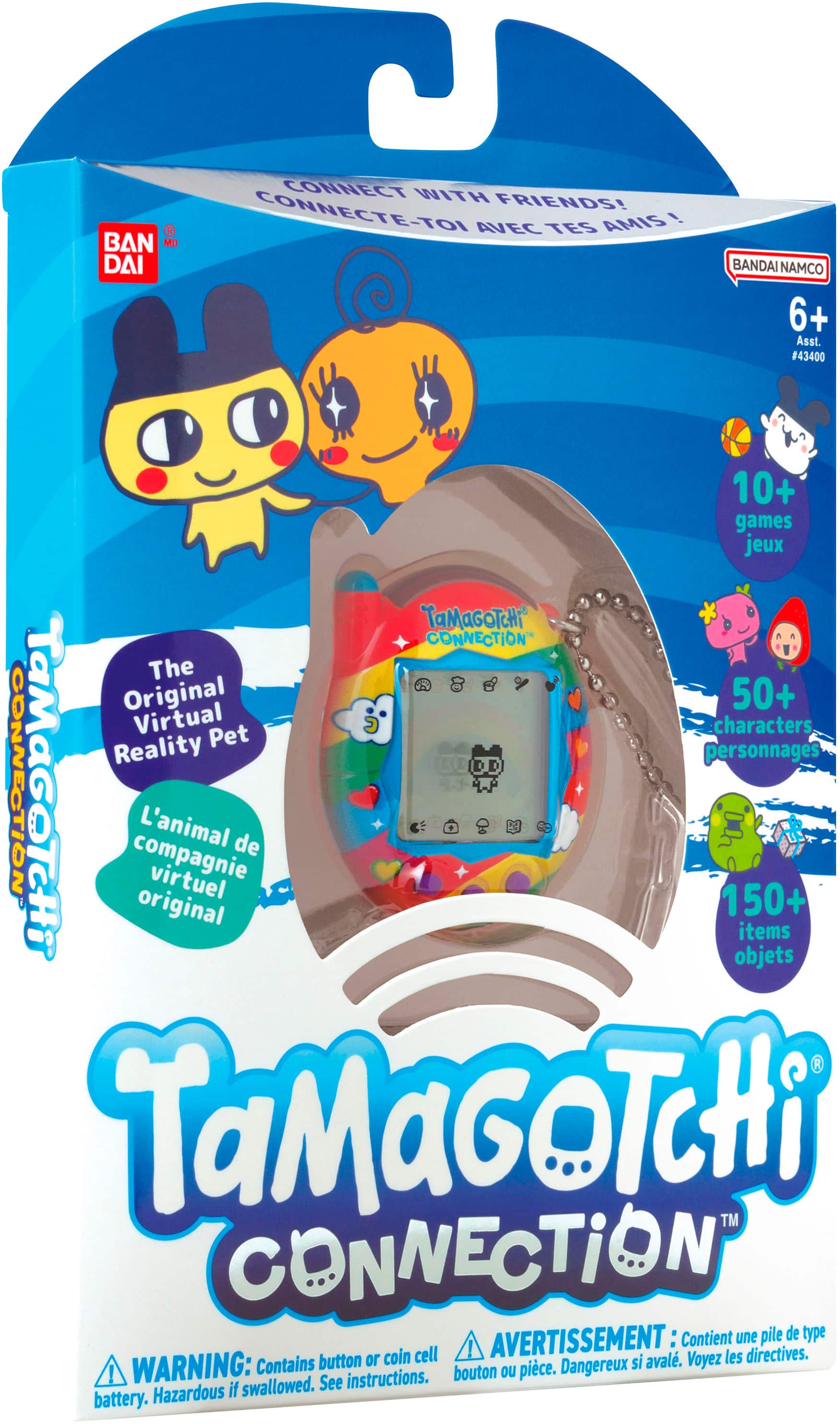 The image features a Tamagochi Connection box, which contains a virtual pet and 3 characters. The box also includes 150+ items and is designed for children aged 6+. The Tamagochi Connection is an original virtual pet that allows children to connect with friends and enjoy playing with their new pet. The box contains a cell phone, which is a part of the Tamagochi Connection experience. It is important to read the instructions carefully and be aware of the potential hazards associated with the use of batteries.