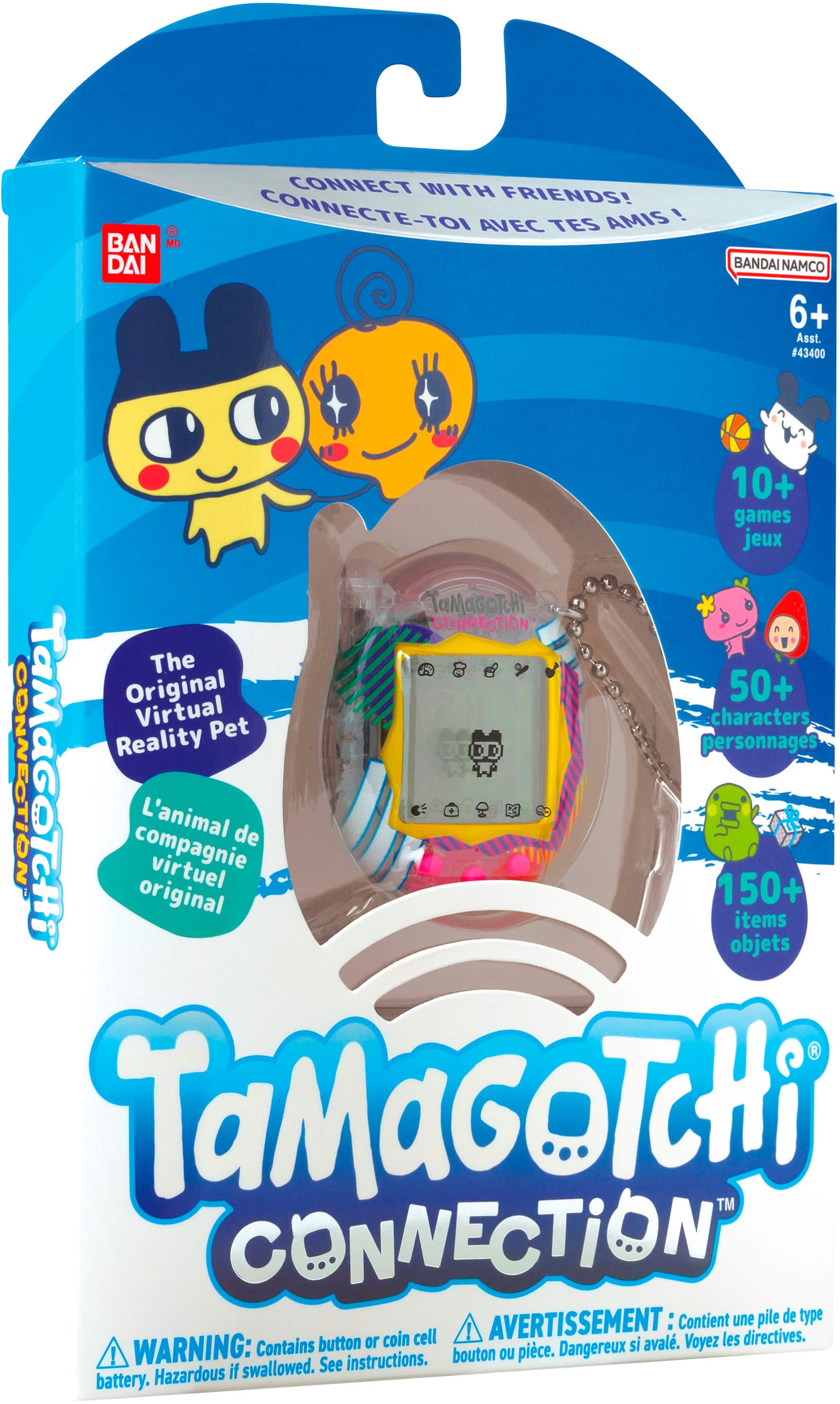 The Tamagochi Connection is a virtual pet toy that allows children to connect with friends and enjoy playing with their Tamagochi. The toy comes with a variety of characters and items, including a coin cell battery and a button piece. The package also contains instructions for safe usage and handling of the Tamagochi Connection.