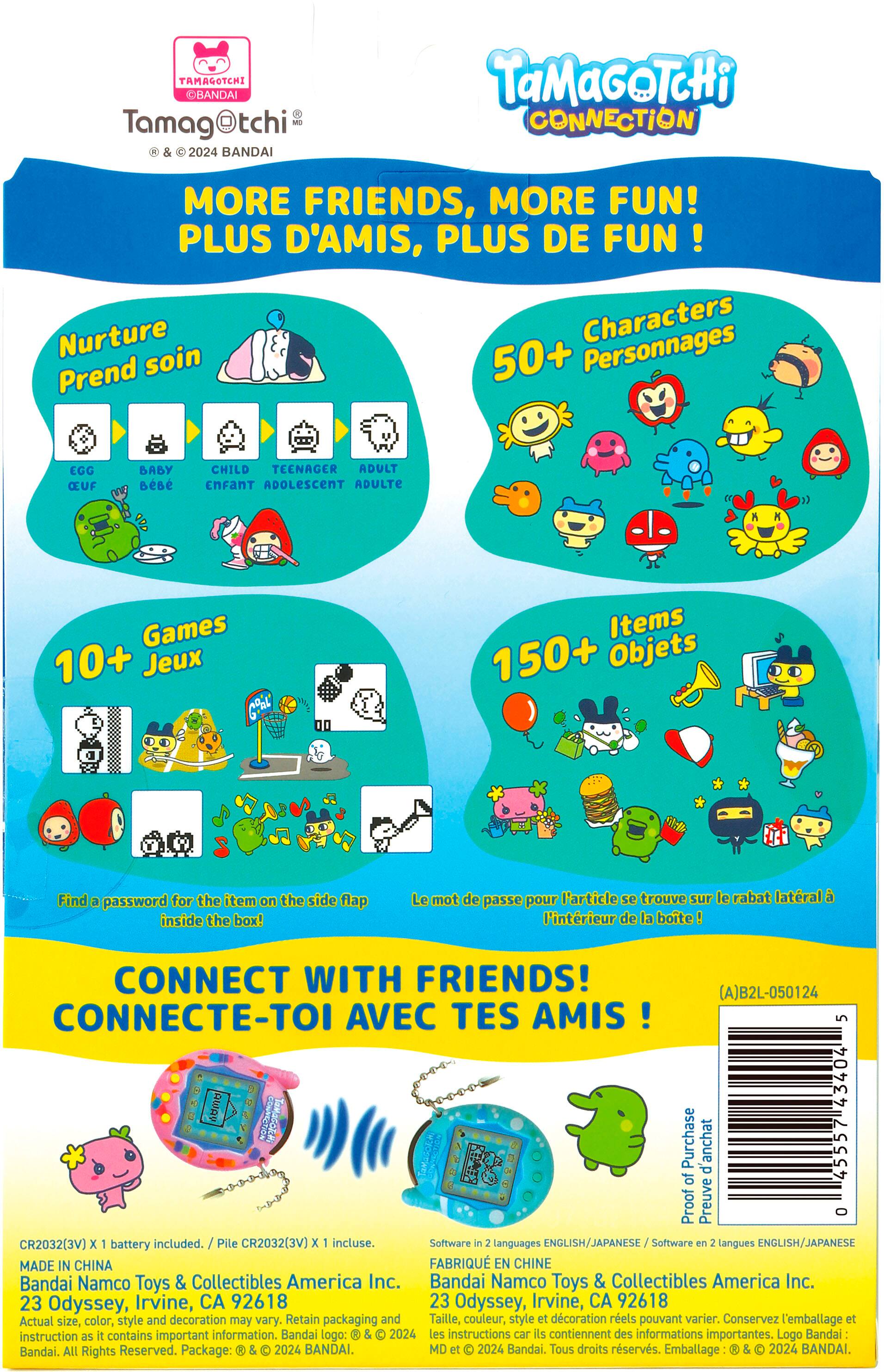 The text on the image is in French, so I will provide a corrected version in English.
"Tamagochi Connection" is written on the front of the box. The box contains 50+ characters, and the items include 150+ objects. The box is designed for children, teenagers, and adults. The package includes a battery, and the software is in English and Japanese. The Tamagochi Connection is made in China. The box is made by Bandai Namco Toys & Collectibles America Inc. The actual size, color, style, and decoration may vary. Keep the packaging and retain the reels.