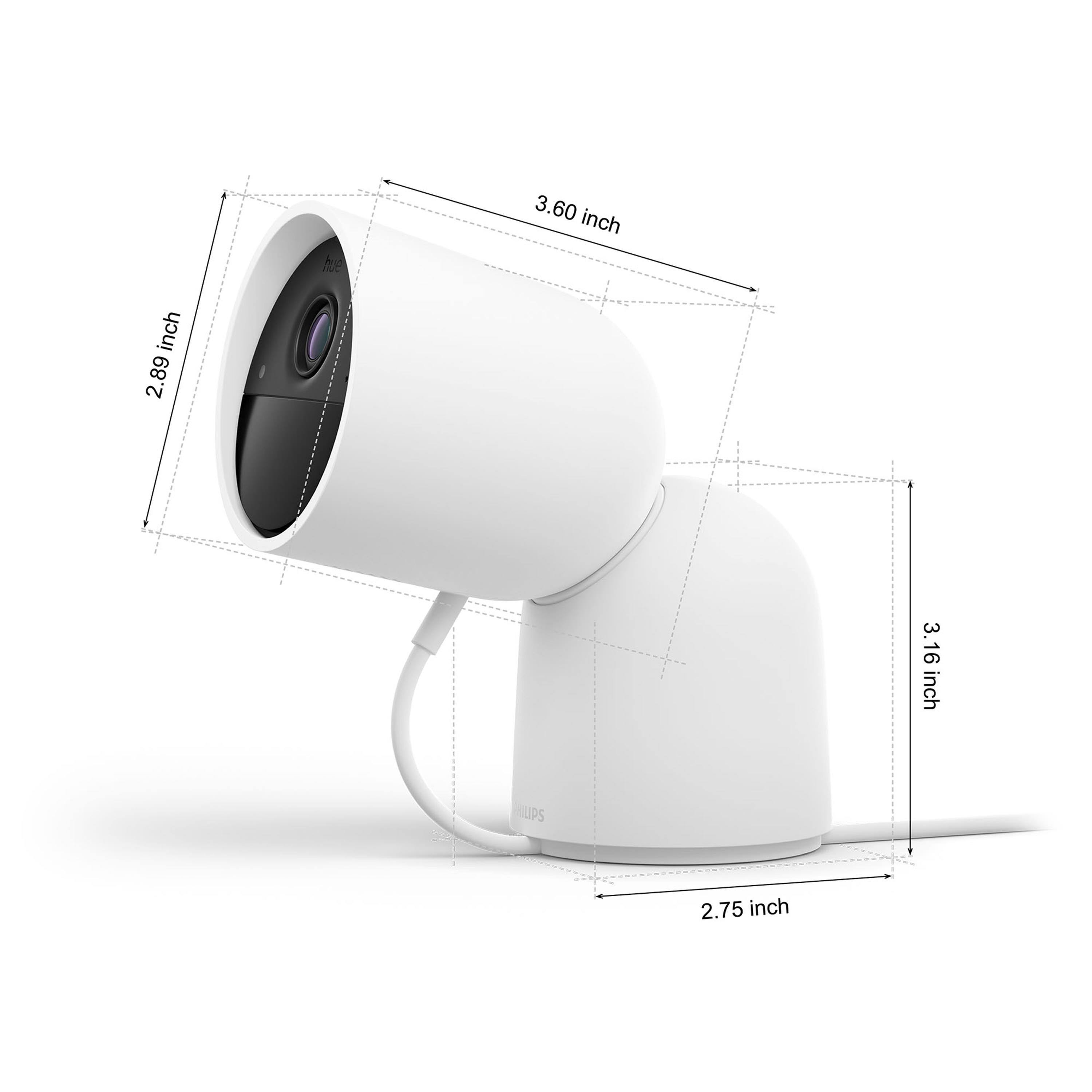 The image shows a white camera with a black lens, placed on a white background. The camera is connected to a cable, and it is positioned at an angle. The camera is described as being 3.6 inches tall, and it is accompanied by a ruler that shows the dimensions of the camera. The ruler indicates that the camera is 2.89 inches tall, and it has a width of 3.16 inches.