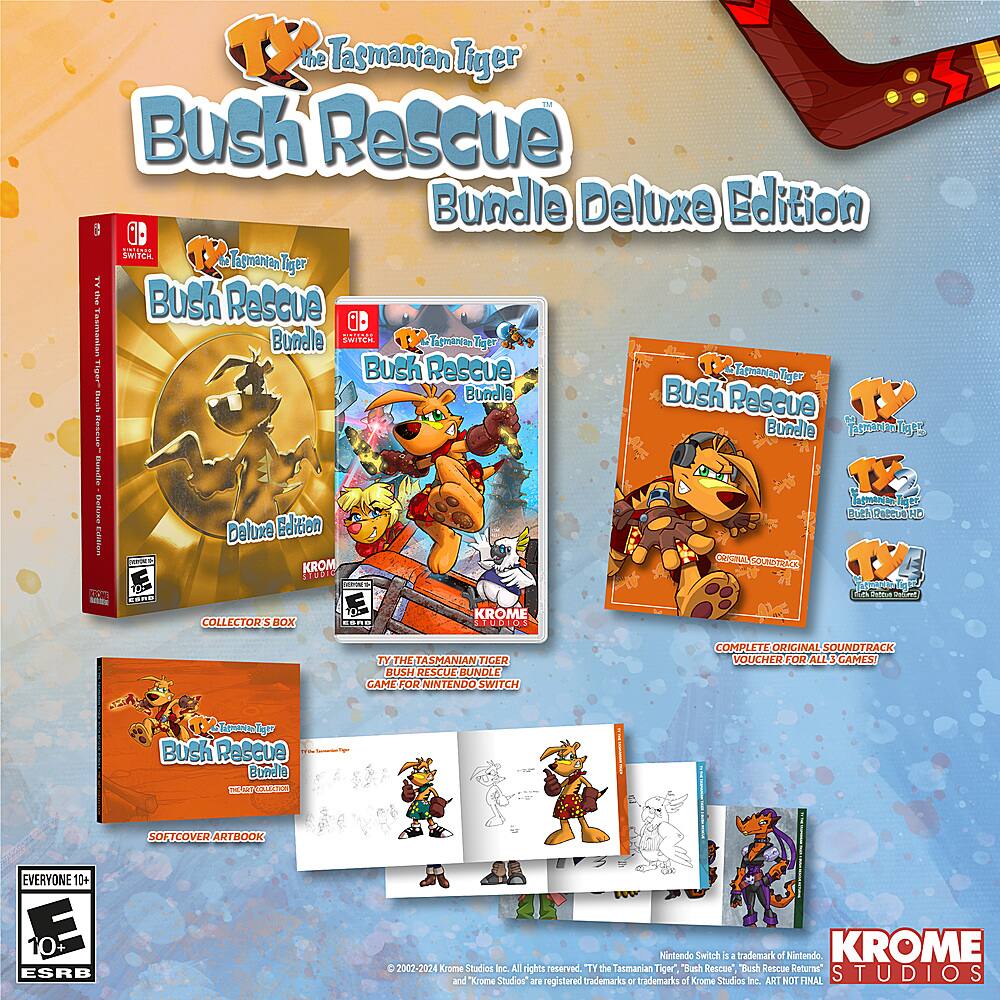 The Tasmanian Tiger Bush Rescue Bundle Deluxe Edition is a collection of games for the Nintendo Switch. It includes the original game, Bush Rescue, as well as a softcover artbook, a complete original soundtrack, and a voucher for all cameos. The bundle is designed for players of all ages, with a rating of E for Everyone. The collection features Ty the Tasmanian Tiger, a popular character in the video game industry.