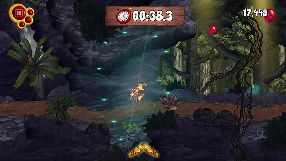 The image features a video game with a character running through a forest. The game is set in a jungle environment with trees and rocks. The character is running towards a clock, which is located in the middle of the scene. The clock displays a time of 00:38.3. The game is likely a platformer or an adventure game, as the character navigates through the forest and interacts with the environment.