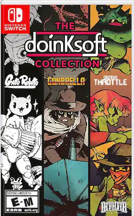 The Doinksoft Collection is available on the Nintendo Switch. It includes games like Gato Roboto, Gunbelle, Throttle, and Demon's Tilt. The collection is rated Mature 17+ by the ESRB. - E (Everyone),M (Mature 17+),T (Teen 13+)