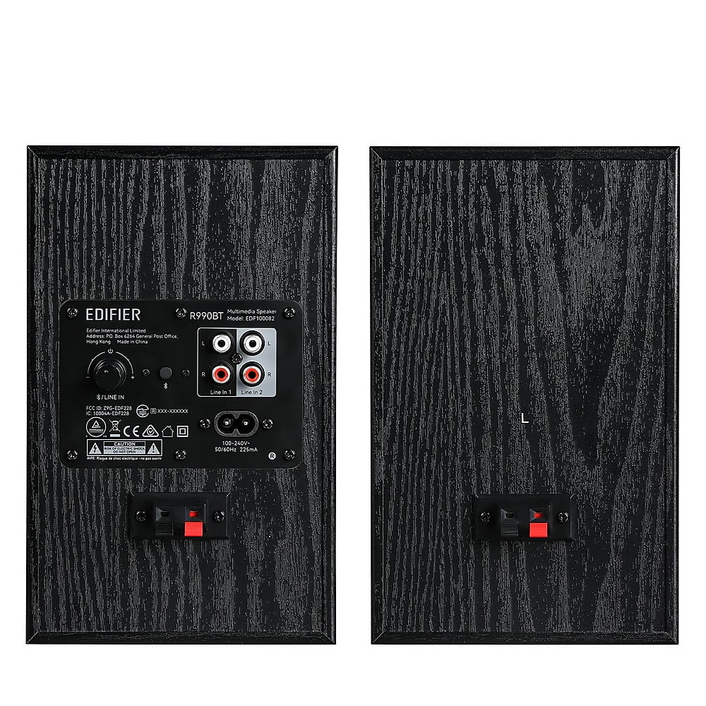 Multimedia Speaker EDIFIER R990BT Model TCP 100082 ae International. Made in China. Meets CE, FCC, RoHS, and REACH standards. Line In: 100mV-2Vpp. Line Out: 220mA.