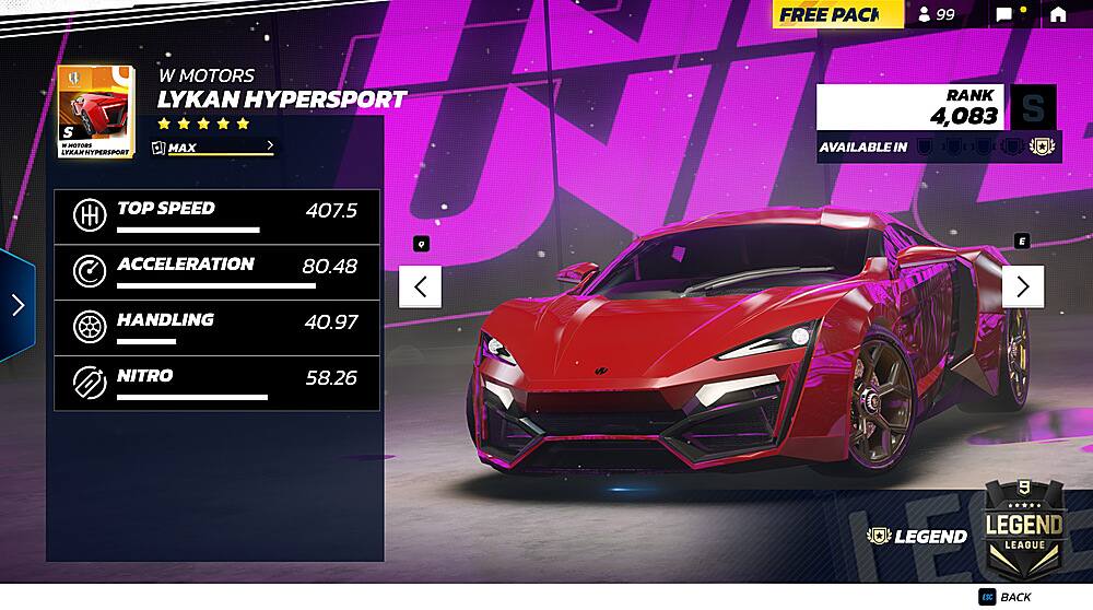 The image features a video game with a red sports car on a track. The car is a Lykan Hypersport, and it is currently ranked 4,083 in the game. The game also shows the car's top speed, acceleration, handling, and nitro levels. The game is likely part of the Legend League, as indicated by the presence of the Legend League logo.