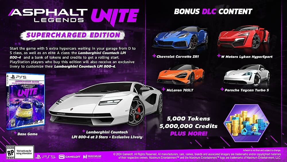 The image features a video game called "Asphalt Legends Unite Supercharged Edition" with a focus on cars. The game offers a bonus DLC content that includes five extra hypercars in the player's garage, ranging from D to S class, as well as an elite A class car, the Lamborghini Countach LPI 800-4. The game also comes with an exclusive livery for customizing the Lamborghini Countach LPI 800-4. Additionally, the game offers a bank of tokens and credits to help players get started. The image showcases a variety of cars, including the Chevrolet Corvette ZR1, W Motors Lykan HyperSport, and Porsche Taycan Turbo S. The game is rated ESRB PS5 and is available on the PlayStation 5 console.