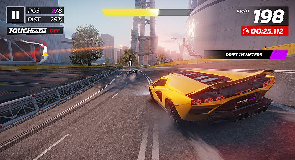 The image features a video game with a yellow sports car driving down a street. The car is racing against the clock, and the game is set in a city environment. The car is drifting, and the game is set to a fast tempo, with the player needing to complete the course in the shortest amount of time possible. The game is likely a racing game, and the player must navigate the course while maintaining speed and control of the vehicle.