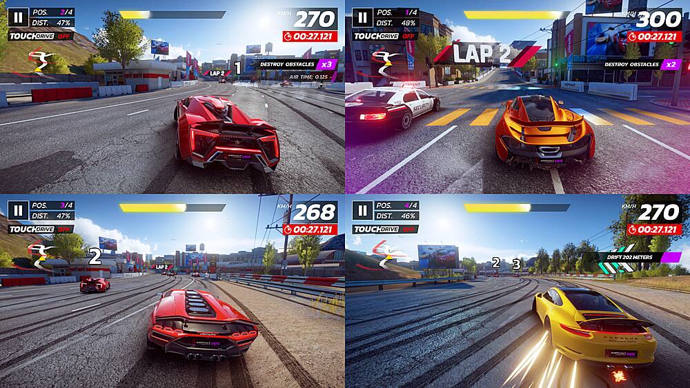 The image shows a video game with four different screens, each featuring a car race. The game is called "Touch Drive Off" and has various obstacles and challenges for the players to overcome. The screens display different stages of the race, with the cars racing at high speeds and navigating through the obstacles. The game appears to be a racing simulation that tests the players' skills and abilities to control their vehicles effectively.