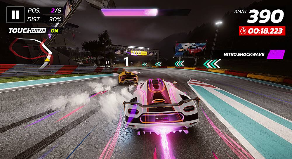 The image is a video game screenshot featuring a car racing game. The game is set on a race track with a car driving down the track. The game is displaying the lap time and distance covered by the car. The lap time is 1:18.223 and the distance covered is 390 km/h. The game is likely a racing game that requires quick reflexes and precise control of the vehicle.