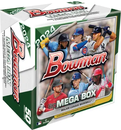 The text on the image is about a baseball card set called Bowman, which includes a Mega Box with 50 cards. The set features Major League Baseball players and is produced by Topps. The box contains 10-card packs of 2024 Bowman Chrome cards.