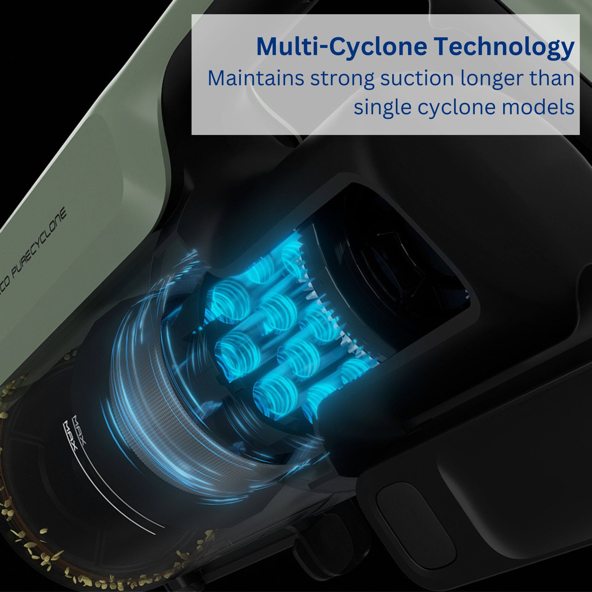 Multi-Cyclone Technology maintains strong suction longer than single cyclone models.