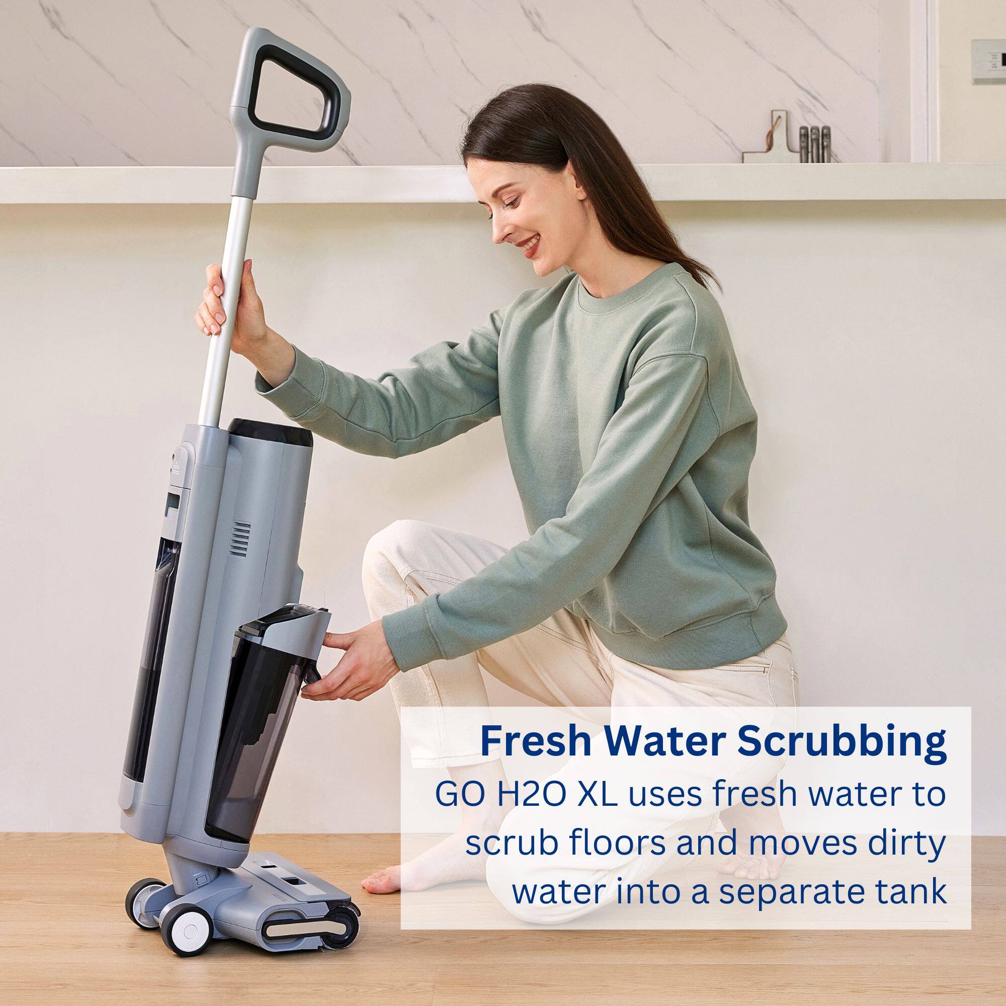 Fresh Water Scrubbing: GO H20 XL uses fresh water to scrub floors and moves dirty water into a separate tank.
