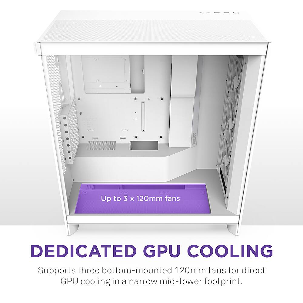 DEDICATED GPU COOLING Supports three bottom-mounted 120mm fans for direct GPU cooling in a narrow mid-tower footprint.