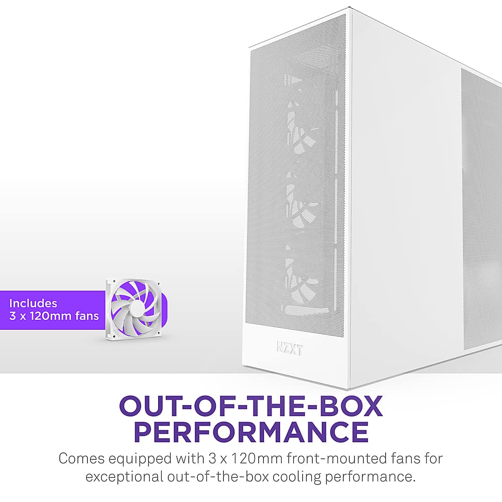 Includes 3 x 120mm fans KZXT OUT-OF-THE-BOX PERFORMANCE Comes equipped with 3 X 120mm front-mounted fans for exceptional out-of-the-box cooling performance.