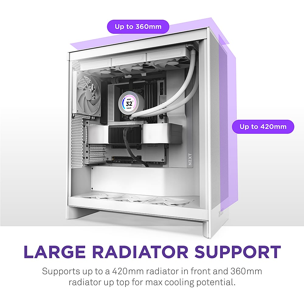 Large Radiator Support. Supports up to a 420mm radiator in front and 360mm radiator up top for max cooling potential.