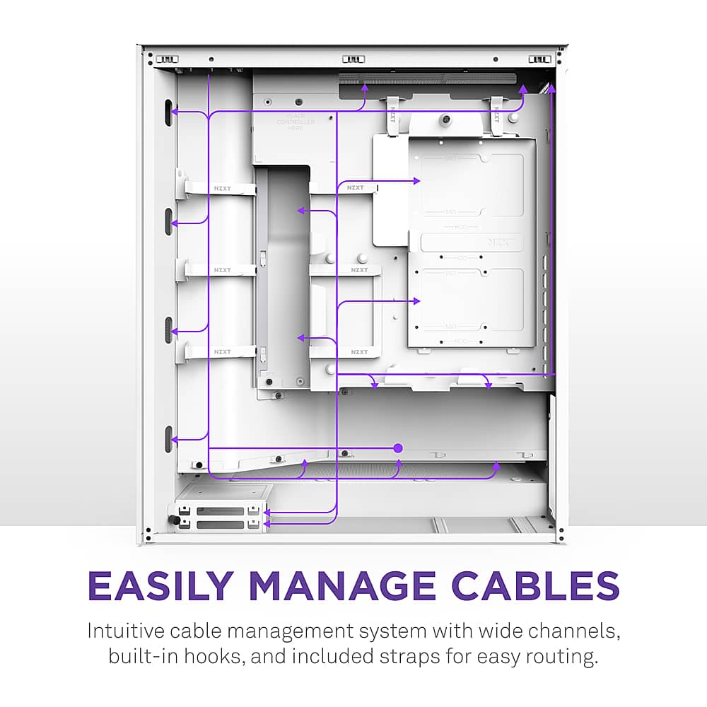 EASILY MANAGE CABLES Intuitive cable management system with wide channels, built-in hooks, and included straps for easy routing.