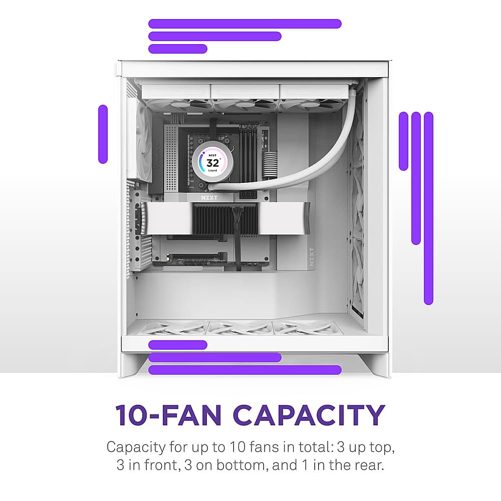 10-FAN CAPACITY Capacity for up to 10 fans in total: 3 up top, 3 in front, 3 on bottom, and 1 in the rear.