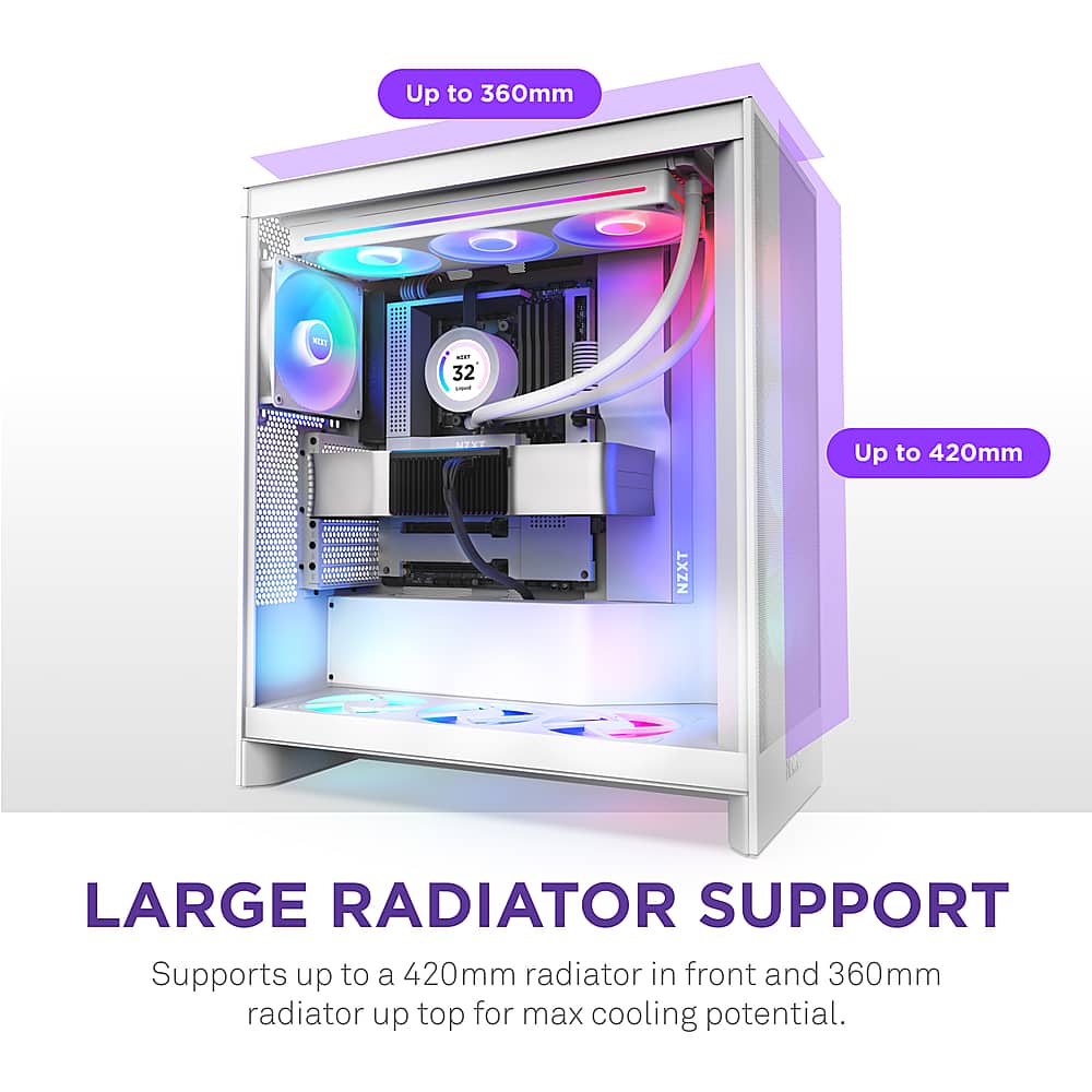 Up to 360mm de a.l 32 : 11 MOUE Up to 420mm NZXT LARGE RADIATOR SUPPORT Supports up to a 420mm radiator in front and 360mm radiator up top for max cooling potential.