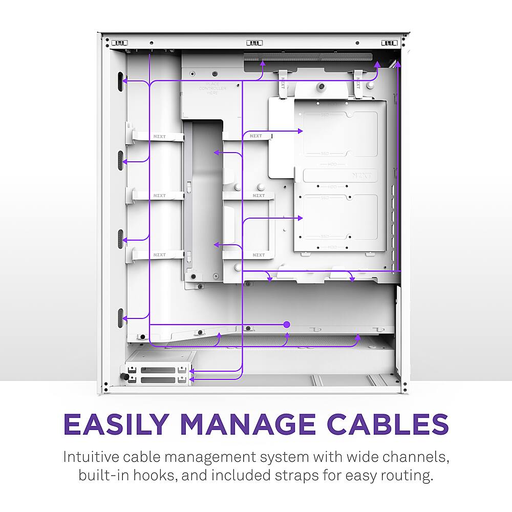EASILY MANAGE CABLES Intuitive cable management system with wide channels, built-in hooks, and included straps for easy routing.