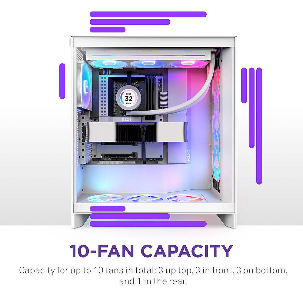 Computer_Enclosures: i 32 - NZXT NZXT  10-FAN CAPACITY Capacity for up to 10 fans in total: 3 up top, 3 in front, 3 on bottom, and 1 in the rear.