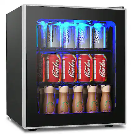 The image shows a refrigerator with a variety of drinks inside, including cans of soda and bottles of coffee. The drinks are arranged in multiple shelves, with some cans of soda placed on the top shelf and others on the bottom shelf. There are also bottles of coffee placed on the middle shelf. The refrigerator is filled with a diverse selection of beverages, catering to different tastes and preferences.