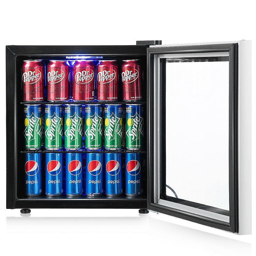 The image features a refrigerator with a variety of soda cans inside. There are 12 cans in total, with different types of soda, including Dr. Pepper, Sprite, and Pepsi. The refrigerator is open, allowing a clear view of the cans inside. The cans are arranged in a visually appealing manner, showcasing the variety of sodas available.