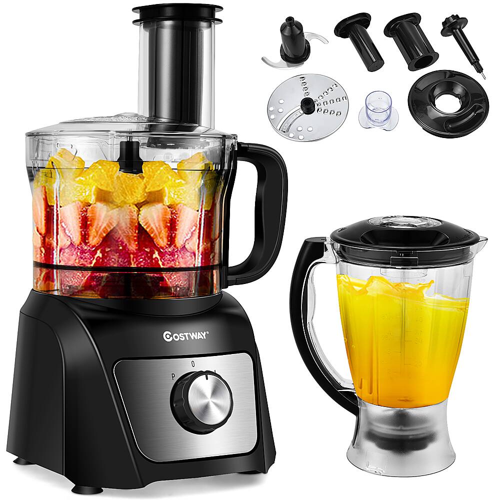 The image features a Cuisinart food processor and blender combo, with a container full of fruit inside the blender. The blender is black and silver, and it is accompanied by a black and silver food processor. The food processor is placed next to the blender, both sitting on a counter. The fruit in the blender includes oranges and strawberries.
