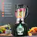The image features a blender with a green light on, surrounded by various fruits and vegetables. The blender has a 50 oz. mixing bowl and a 34 oz. slicing bowl, with a 3-speed control. The motor is 500W and made of stainless steel, providing a multi-purpose design for blending and slicing. The fruits and vegetables include oranges, apples, and corn, creating a colorful and appetizing display.