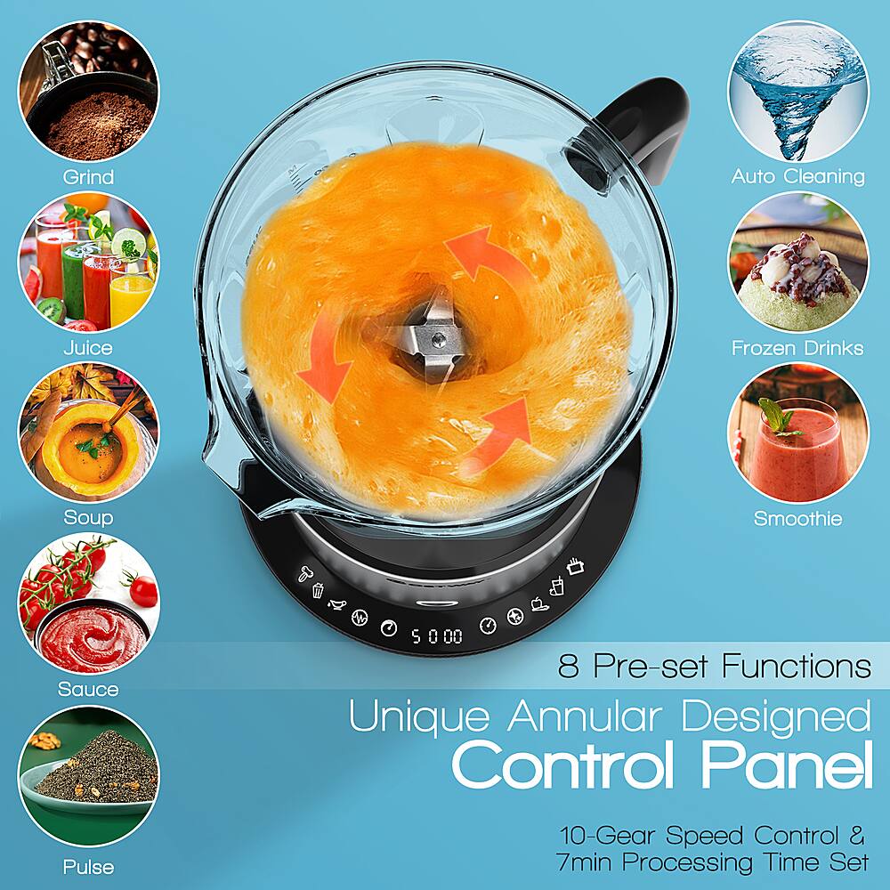 The image features a blender with a unique annular design, which has 8 pre-set functions. It is designed to make smoothies, juices, soups, and frozen drinks. The control panel is user-friendly with a 10-gear speed control and a 7-minute processing time. The blender is also equipped with an auto-cleaning feature, making it easy to maintain.